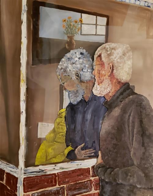 a painting of a man looking at his older reflection